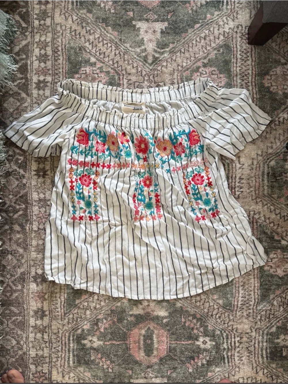 Embroidered Off-Shoulder Striped Blouse - White